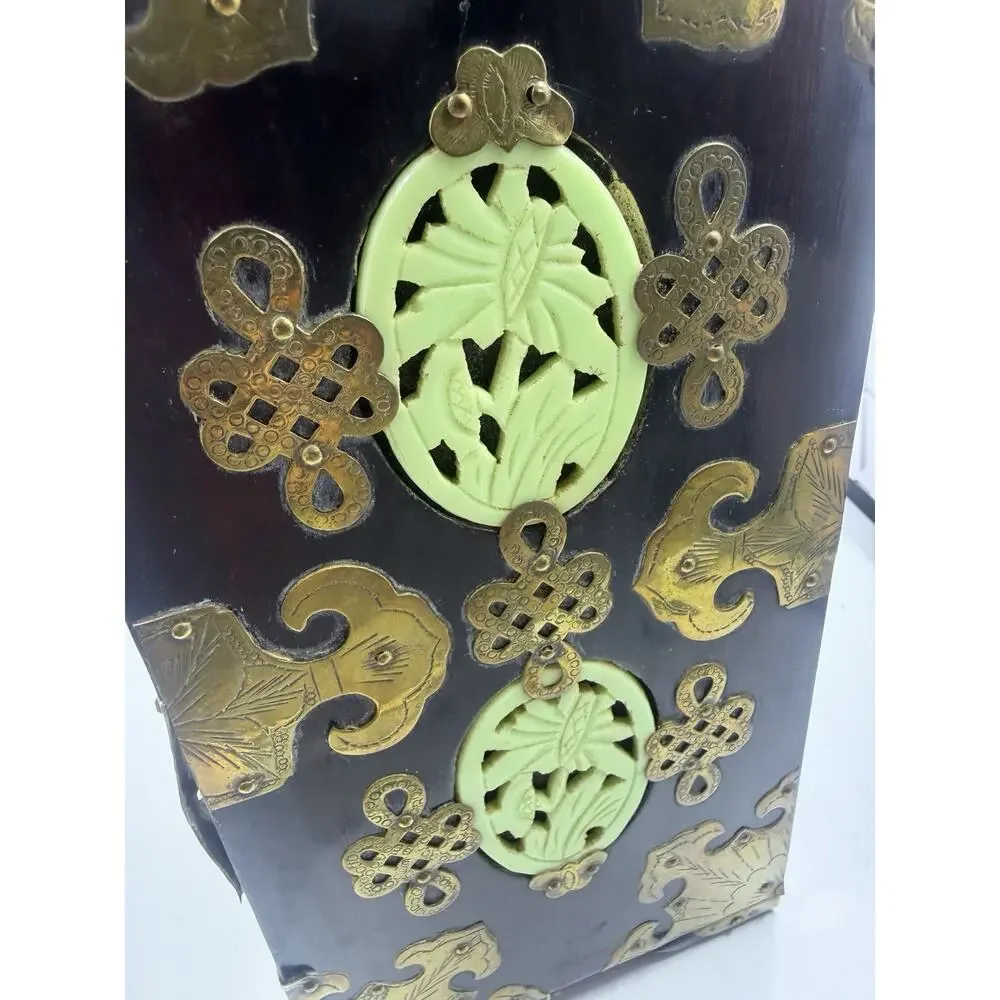 Stunning Antique Asian Jewelry Box w/ Ornate Brass, Chinese Carved Jade Inserts